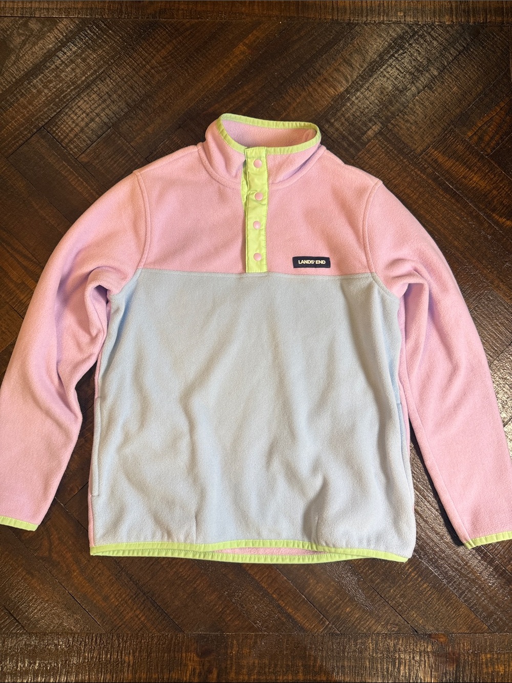 Lands’ End Girls L 10/12 Colorblock Fleece Snap Pullover Purple Blue Green